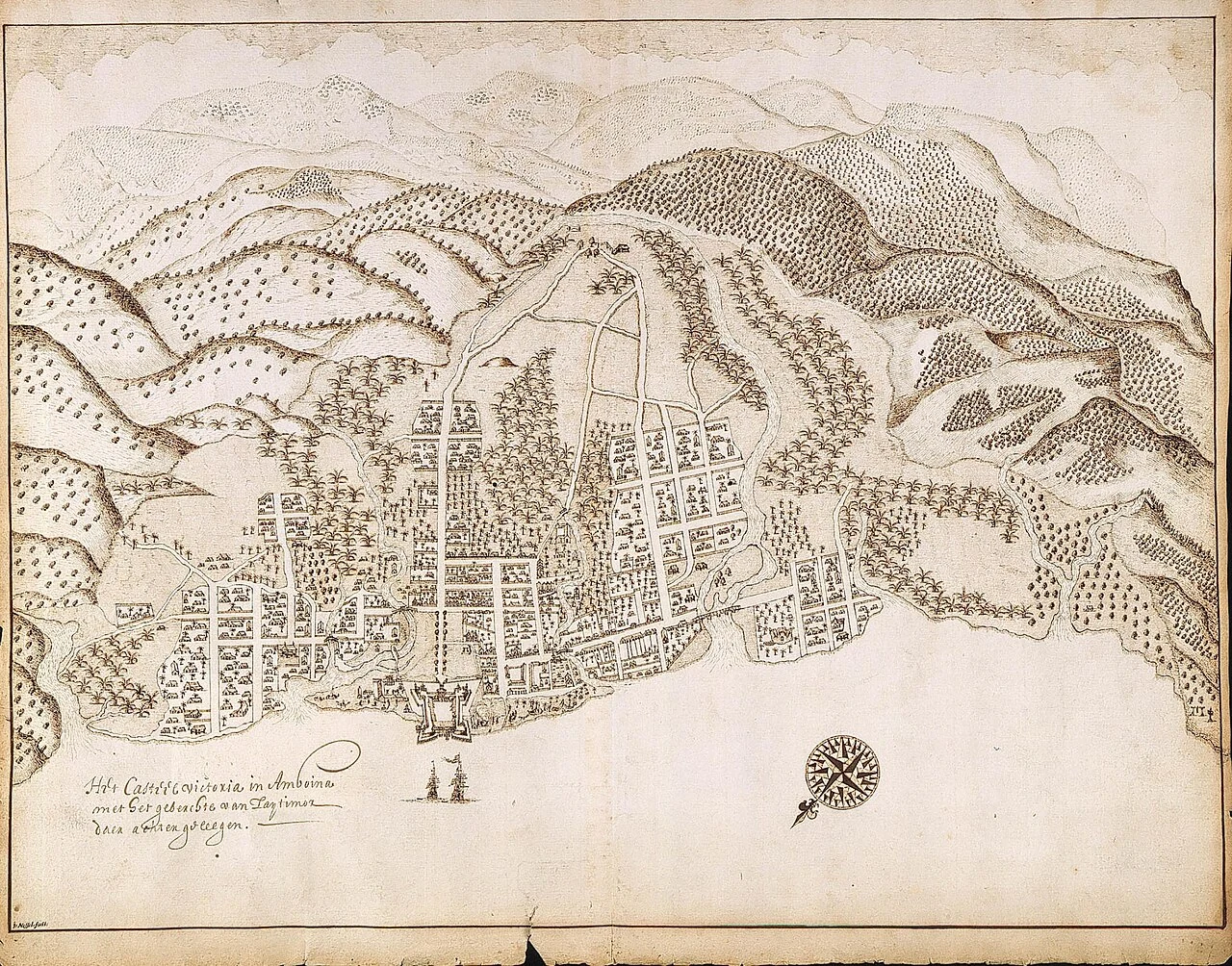 A historic pen drawing shows a coastal town, a walled fort, trees and hills, with a compass rose and handwritten labels.