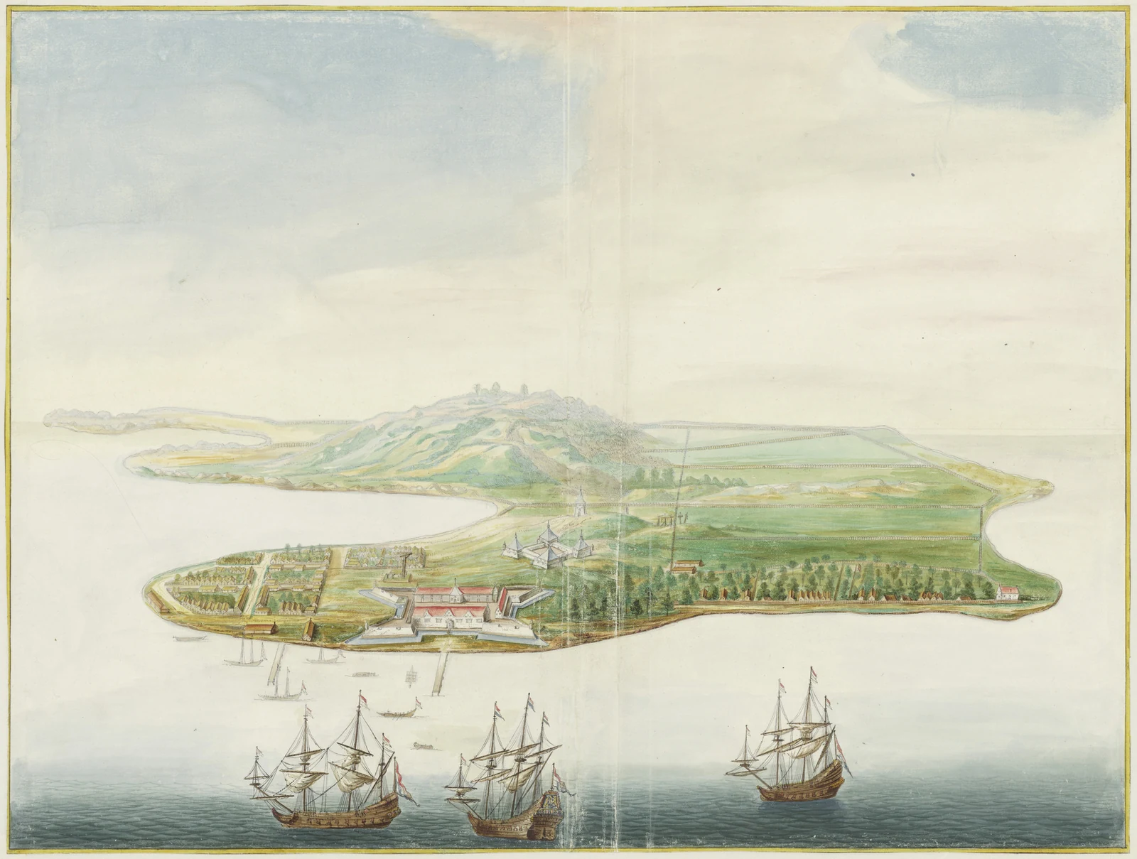 Bird’s-eye watercolour of an island with forts, houses and rectangular planted enclosures, with sailing ships and boats offshore.