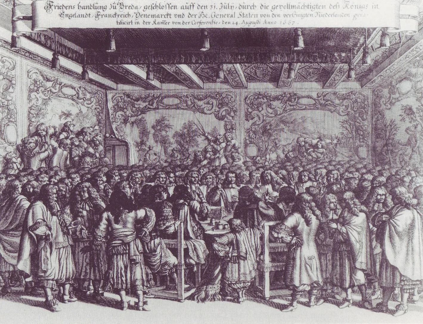 A monochrome engraving of people in a richly decorated hall, gathered around a central table beneath an inscribed banner.