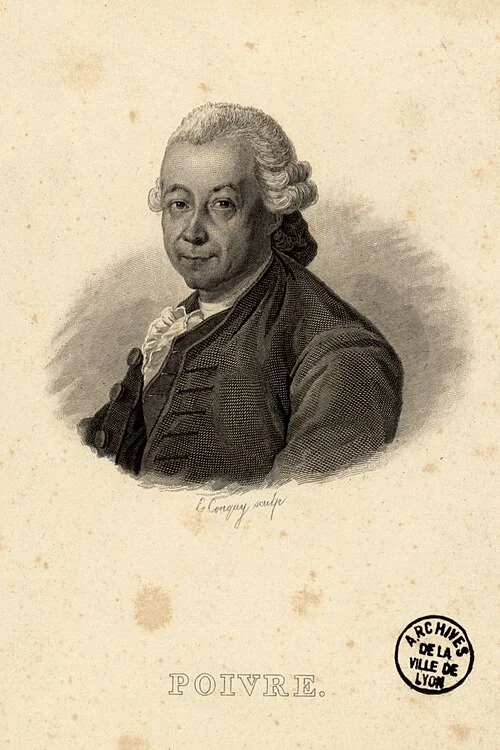 An engraved portrait shows a man with swept-back hair wearing a dark coat and a light neckcloth, with his name printed below.